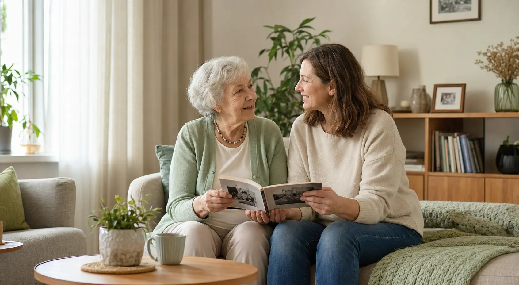 Seniorin und Betreuungskraft betrachten gemeinsam ein Fotoalbum zu Hause